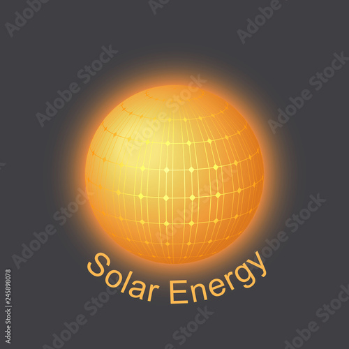 Solar energy sybmol, logo, icon design. Wireframe sun, solar panels sphere.
