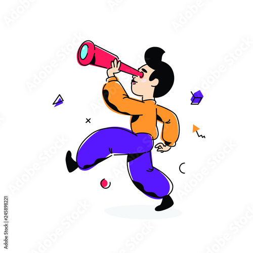 Illustration of a boy with a telescope. Vector. Flat style. The boy is looking for his way. Search for meaning in life at a young age. Astrology for children. We make a step towards knowledge. Career 
