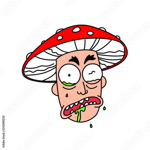 Illustration of a madman in a mushroom hat. Vector. Flat outline style. Cartoon, funny patient. Avatar of a man who admired mushrooms.