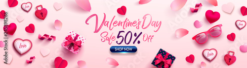 Valentine's Day Sale Poster or banner with sweet gift,sweet heart and lovely items on pink background.Promotion and shopping template or background for Love and Valentine's day concept.Vector EPS10