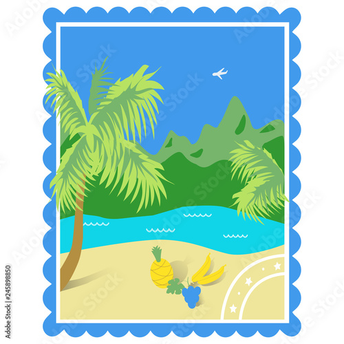 Tourism. Tropics. Color illustration with a view of the sea  the beach  fruits  mountains  made in the form of the postcard. Isolated vector on white background.