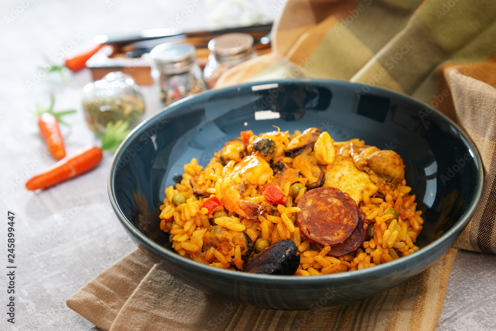 Prawn with rice - closeup of prawn with rice - traditionnal spanish food paella Prawn with rice - closeup of prawn with rice - traditionnal spanish food paella