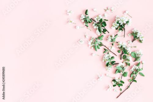 Flowers composition. Apple tree flowers on pastel pink background. Spring concept. Flat lay, top view, copy space © Flaffy