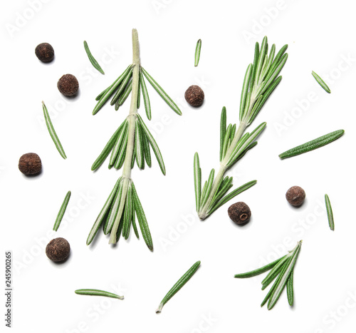 Sprigs and leaves of rosemary and allspice on white isolated background