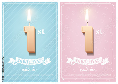 Burning number 1 birthday candle with vintage ribbon and birthday celebration text on textured blue and pink backgrounds in postcard format. Vector vertical first birthday invitation templates.