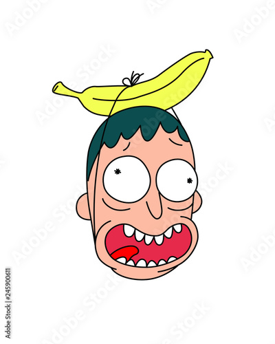 Head with banana. Vector. Flat style. Cheerful crazy character for a party. Logo, mascot. The image of a sick person and a creative artist.