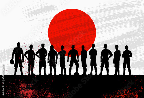 Silhouette of soccer team with flag of Japan as a background, Vector Illustration