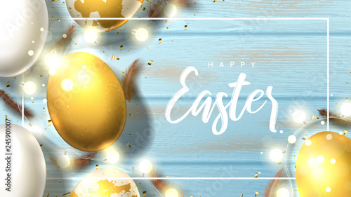 Greeting Easter web banner. Beautiful background with realistic white and gold Easter eggs, sparkling golden confetti, shining garlands and chicken feathers. Holiday vector illustration.