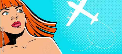 The girl looks at the sky on the plane. Woman in the pop art comics style.