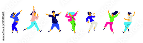 Girls and boys on the positive, a charge of energy. Vector. Illustrations of males and females. Flat style. A group of happy and joyful teenagers. Shapes are isolated on a white background.  
