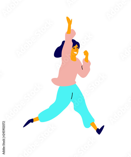 Cheerful dancing girl. Vector. Illustration of a laughing young woman. Character for the dance studio. Flat style. Positive beautiful female is running. Jump up.