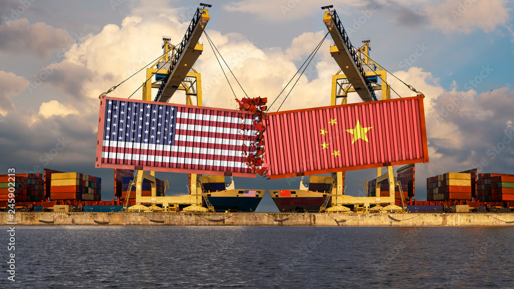 Concept of trade confrontation between China and USA. The landing of containers with US and Chinese flags. Rendering 3d - obrazy, fototapety, plakaty 