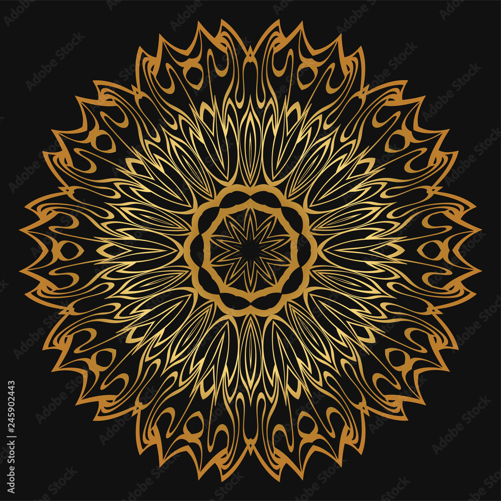 Luxury golden color Hand-Drawn Henna Ethnic Mandala. Circle lace ornament. Vector illustration. for coloring book, greeting card, invitation, tattoo. Anti-stress therapy pattern. Luxury golden color Hand-Drawn Henna Ethnic Mandala. Circle lace ornament. Vector illustration. for coloring book, greeting card, invitation, tattoo. Anti-stress therapy pattern.