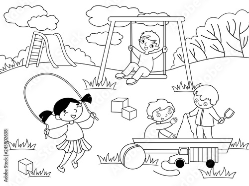 Childrens playground. Coloring and black and white coloring.