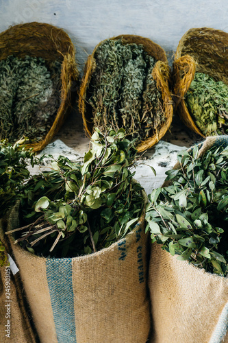 Bath herbs. Dried aromatic herbs and flowers for the spa and bath at the oriental market in Marakkesh (Morocco) photo