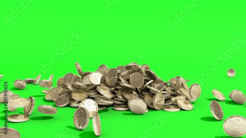money coins fall in stacks on ground on green screen