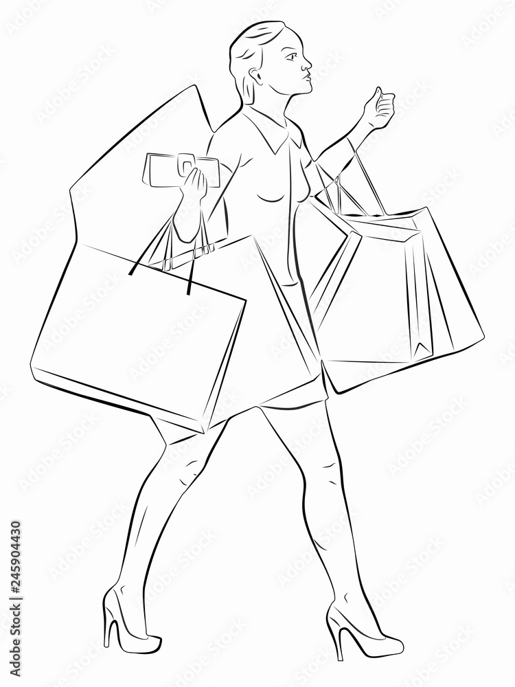 illustration of a shopping woman with a bags , vector draw illustration of a shopping woman with a bags , vector draw