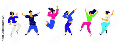 Dancing and fun people, positive emotions. Vector. Illustrations of males and females. Flat style. A group of happy and joyful teenagers. Shapes are isolated on a white background. Funny poses.