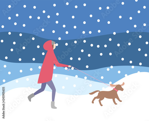 Woman walking dog on leash in snowfall, wintertime activities vector. Lady wearing warming clothes, evening night blizzard, owner and canine doggy pet