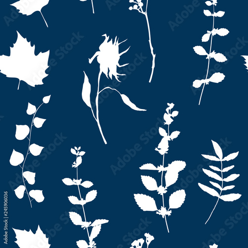 Botanical floral vector seamless pattern with hand drawn herbs, plants, flowe...