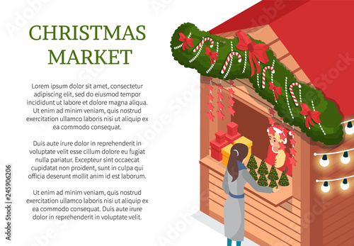 Christmas market holiday celebration, seller in wooden kiosk vector. Person buying products, customer in hut decorated with pine and ribbons bows