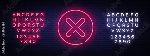 Delete icon - neon sign vector. Close Symbol Design template neon sign, light banner, neon signboard, nightly bright advertising, light inscription. Vector illustration. Editing text neon sign