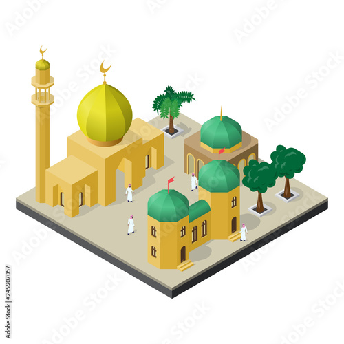 Arabian city life in isometric view. Mosque, muslims, urban buildings and trees.