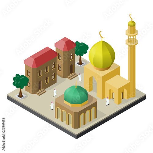 Oriental city life in isometric view. Mosque, muslims, urban buildings and trees.