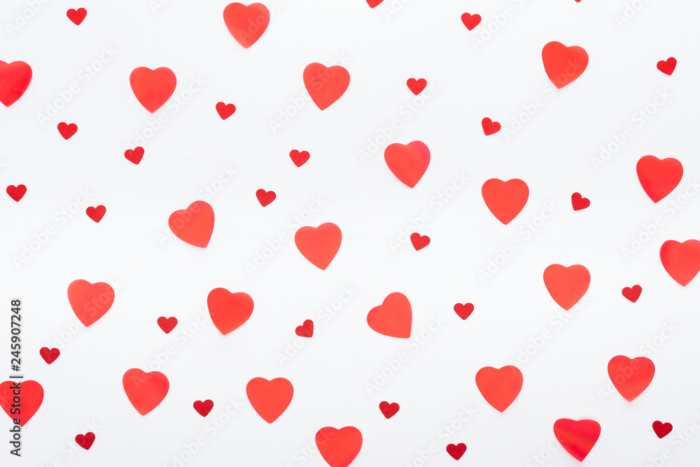 background of multiple paper hearts isolated on white, st valentines day concept