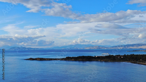 Aerial drone bird's eye view of famous seascape of Athens Riviera, Voula, Athens Riviera, Attica, Greece