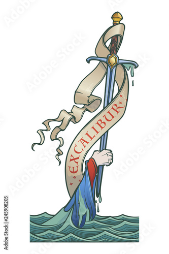 Hand holding a sword emerges from the water. Iconic scene from the Medieval European stories about King Arthur. Vintage color palette. EPS10 vector illustration
