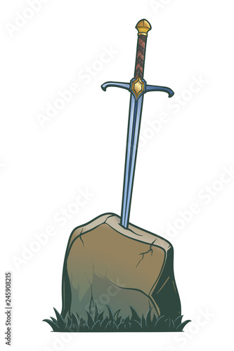 Excalibur Sword trapped in stone. Iconic scene from the Medieval European stories about King Arthur. Vintage color palette. EPS10 vector illustration