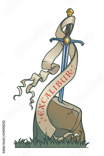 Excalibur Sword trapped in stone. Decorative banner. Iconic scene from the Medieval European stories about King Arthur. Vintage color palette. EPS10 vector illustration