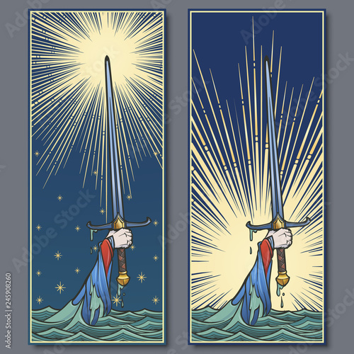Hand holding a sword emerges from the water. Iconic scene from the Medieval European stories about King Arthur. Vintage color palette. Set of 2 vertical posters. EPS10 vector illustration