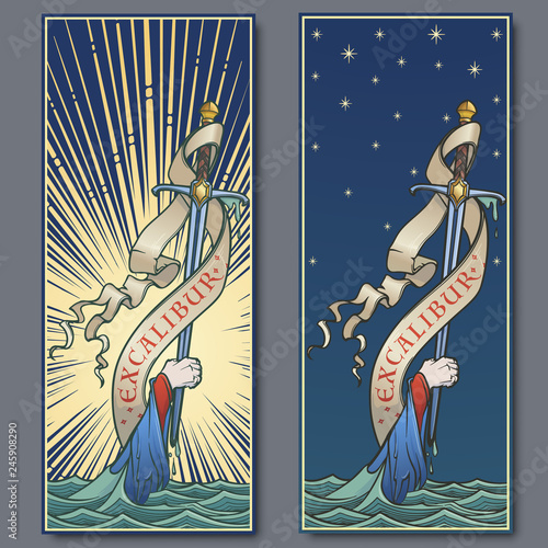 Hand holding a sword emerges from the water. Iconic scene from the Medieval European stories about King Arthur. Vintage color palette. Set of 2 vertical posters. EPS10 vector illustration