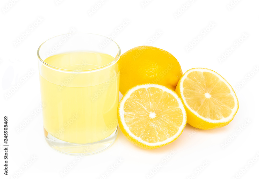 Closeup glass of lemon juice drink isolated on white background, food heathy concept Closeup glass of lemon juice drink isolated on white background, food heathy concept