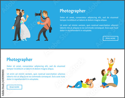 Wedding photographer and family photosession web banners. Photo of bride next to groom, mother with father holding child vector illustrations set.