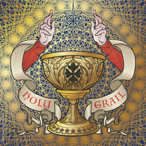 Holy Grail. Symbol of spiritual insight in the romantic literature. Medieval gothic style concept art . Vintage color palette. Isolated on a Decorative floral background. EPS10 vector illustration
