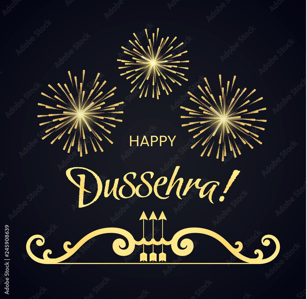 Creative text Happy Dussehra with bow, arrows fireworks background. The  inscription can be used poster, banner, flyer design for celebration Indian  festival. Vector illustration dark blue background Stock Vector | Adobe  Stock