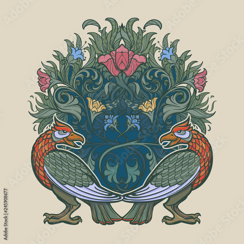 Decorative bird. Medieval gothic style concept art. Design element. Hand drawn image isolated on decorative floral background. EPS10 vector illustration