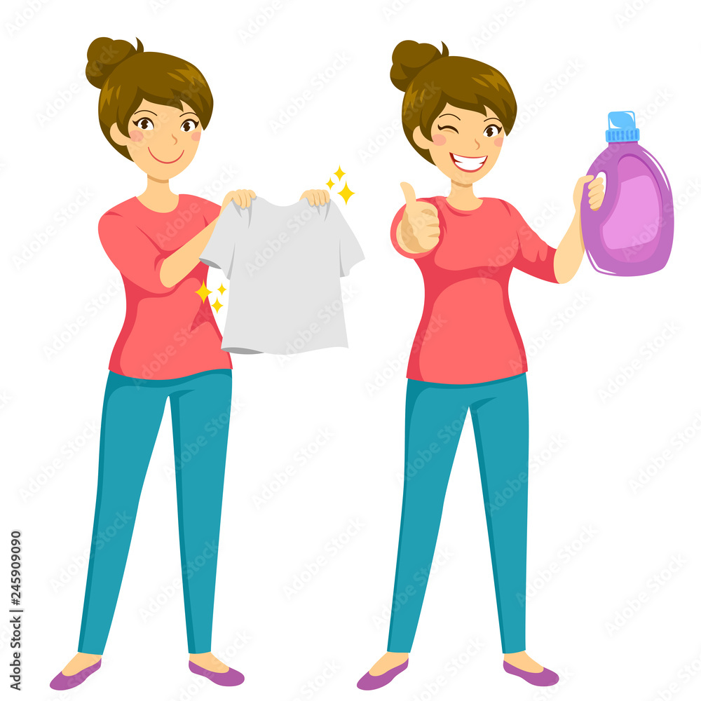 Woman holding a clean washed shirt and presenting a recommended laundry product Woman holding a clean washed shirt and presenting a recommended laundry product