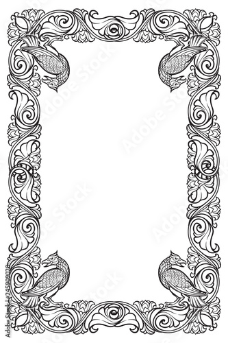 Floral rectangular frame with birds. Fairy tale style decorative border. Vertical orientation. Vintage color palette. Hand drawn image isolated on white background. EPS10 vector illustration