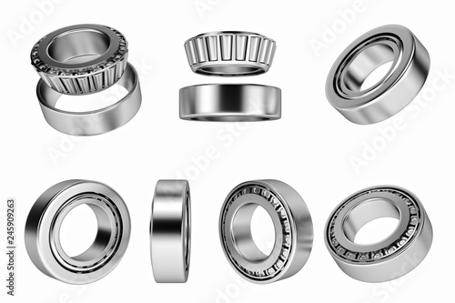 3D rendering. Automotive bearings auto spare parts. Tapered roller bearing isolated on a white background. Wheel bearing for truck, heavy duty and car.
