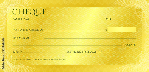 Luxury yellow gold cheque template with vintage guilloche. Check with abstract watermark, border. Gold background for banknote, money design, bank note, voucher, gift certificate, coupon, currency