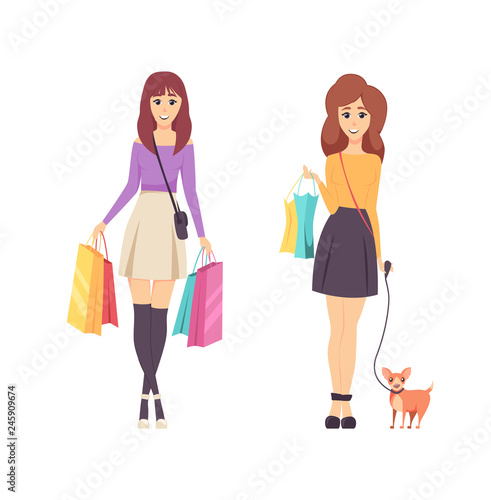 Shopping young women carrying lots of bags vector. Lady returning from shops with packages and bought items. Purchased in hands of girls, walking dog