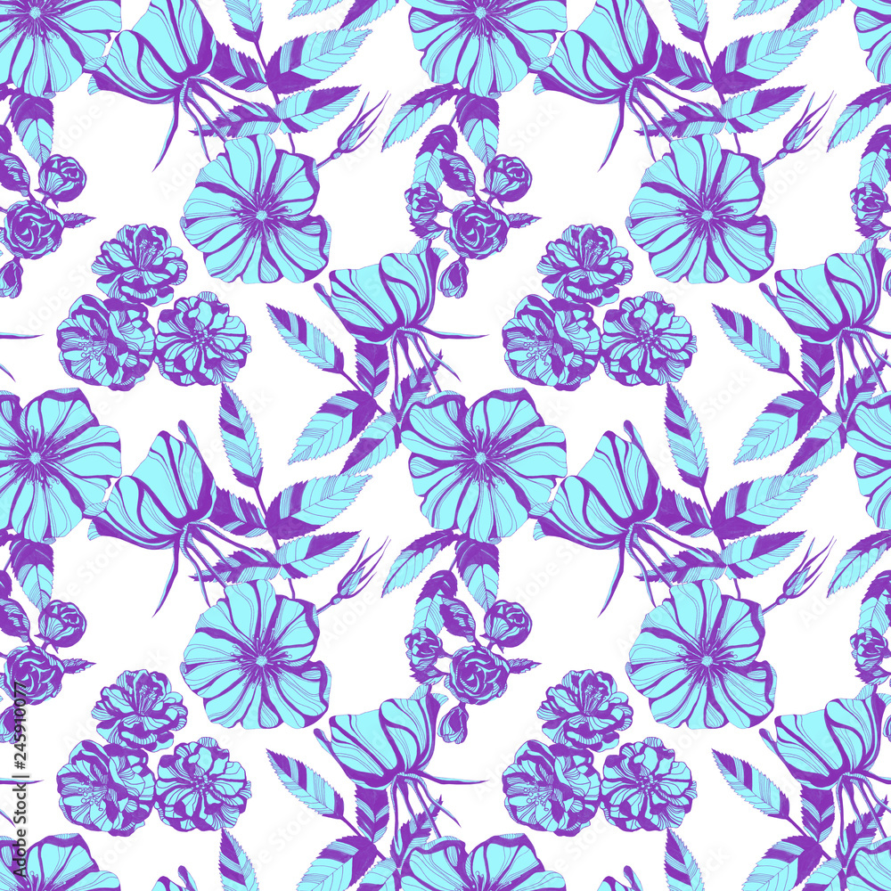 wild roses seamless pattern. Hand drawn ink illustration. Wallpaper or fabric design.