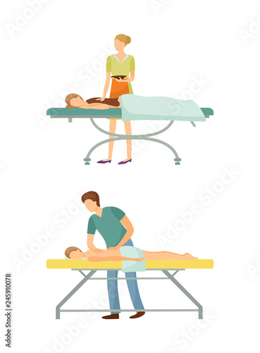 Spa salon chocolate body care and massage isolated icons set vector. Masseur and masseuse with sweet cocoa liquid. Procedures by experts specialists