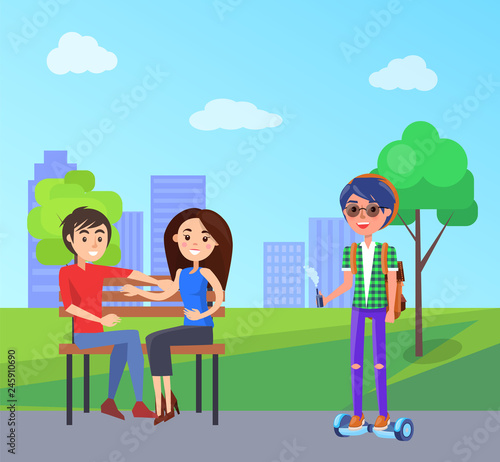 Students in city park and male with vape in hands vector. Male riding on hoverboard, self balancing gyroscooter and couple in love sitting on bench