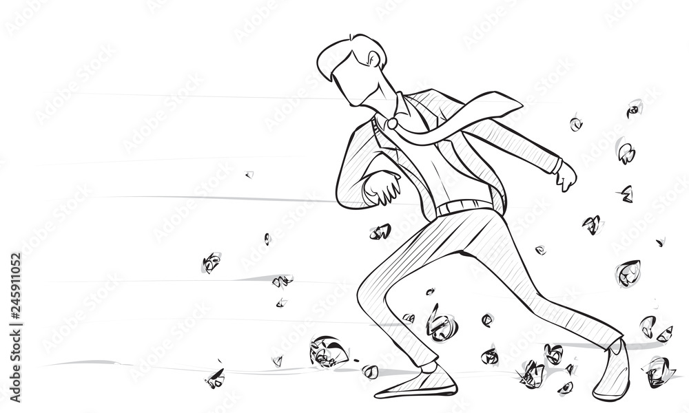 Businessman Walking Trough Strong Wind of Challenge, Doodle Illustration