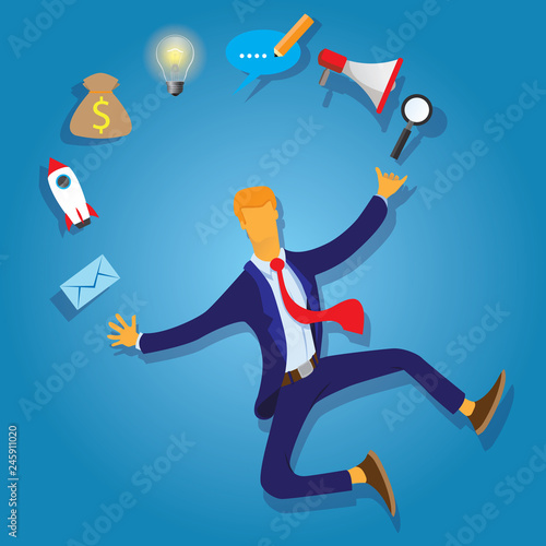 Businessman juggling business icons and skills